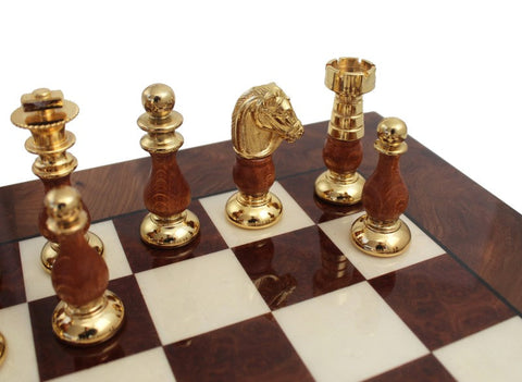 Luxury Italian Handmade Brass & Wood Chess Set, Elm Board Drawer