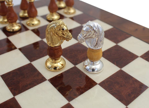 Luxury Italian Handmade Brass & Wood Chess Set, Elm Board Drawer