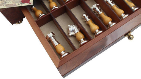 Luxury Italian Handmade Brass & Wood Chess Set, Elm Board Drawer