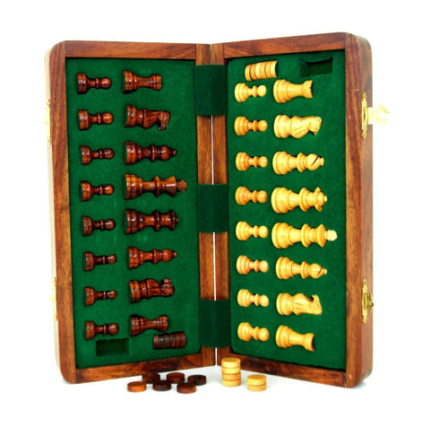 14X14CM MAGNETIC WOODEN FOLDING CHESS SET + CHECKER SET - Hobby.lt 🇬🇧