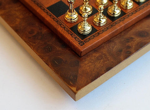 Italian Gold & Silver Plated Metal Chess Set, Wood & Leather Board Storage