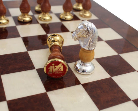 Luxury Italian Handmade Brass & Wood Chess Set, Elm Board Drawer