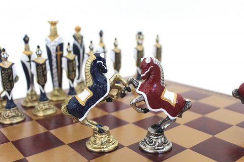 Renaissance Metal Chess Set, Faux Leather Board 45cm, Handmade in Italy