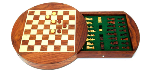 16X16CM MAGNETIC WOODEN ROUND CHESS SET WITH DRAWER + CHECKER SET - Hobby.lt 🇬🇧