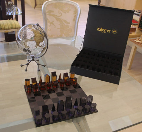 Made in Italy Acrylic Chess Set, Geometric Pieces, Black/Orange