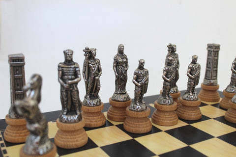 Romans vs Barbarians Chess Set, Metal & Wood Pieces, 40cm Wooden Board Handmade