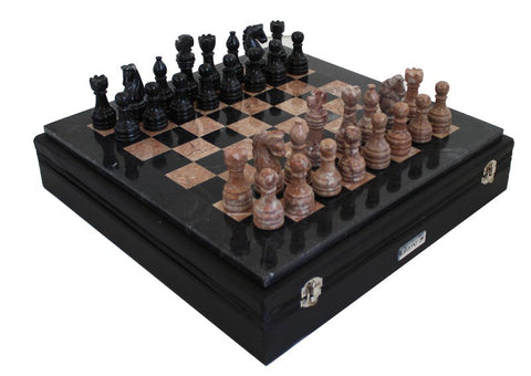 Italian Handmade Black & Pink Marble Chess Set with Leather Case, 40 cm Board