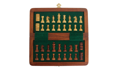 Magnetic Wooden Travel Chess Set with Folding Board + Checkers, Italian