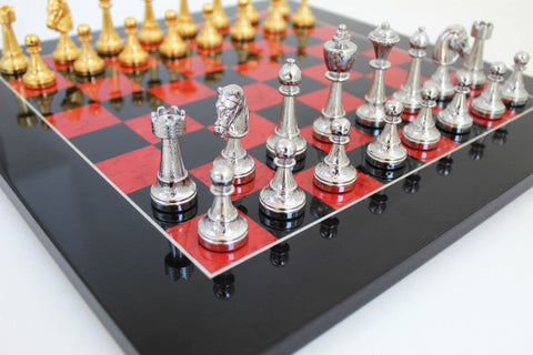 Italian Handmade Metal Chess Set, Gold & Silver Pieces, Red/Black Wood Board