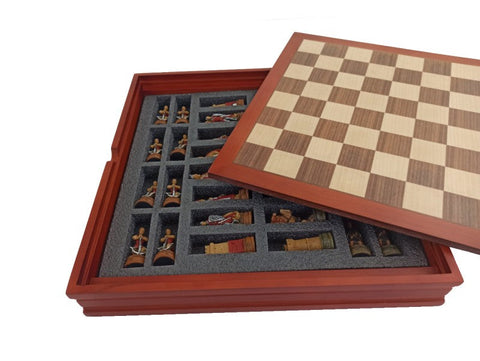 Camelot Chess Set, Hand Painted Resin Pieces, Walnut Maple Board with Storage