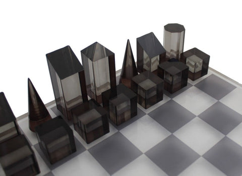 Modern Acrylic Chess Set, Geometric Pieces, Black/Clear, Made in Italy