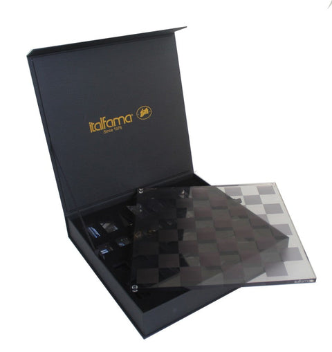 Modern Acrylic Chess Set, Geometric Pieces, Black/Clear, Made in Italy