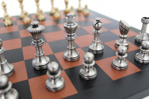 Luxury Brass Chess Set, Leather Board, Gold & Silver Plated, Handmade in Italy