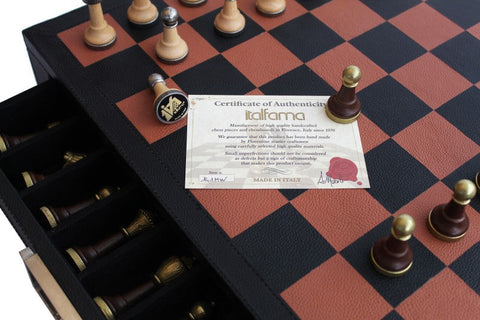 Italian Luxury Chess Set, Leather Board Drawer, Metal & Wood Pieces