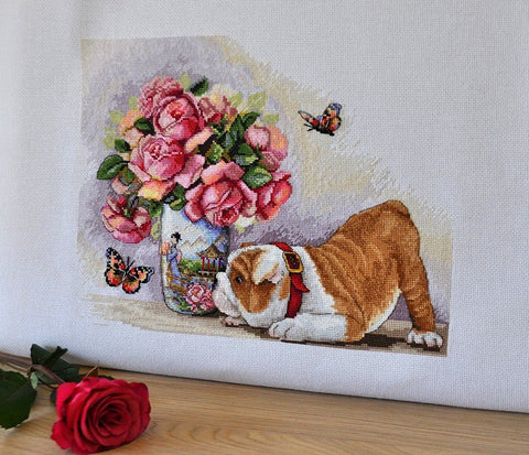 Bulldog & Butterflies SK94 cross stitch kit by Merejka - Hobby.lt 🇬🇧