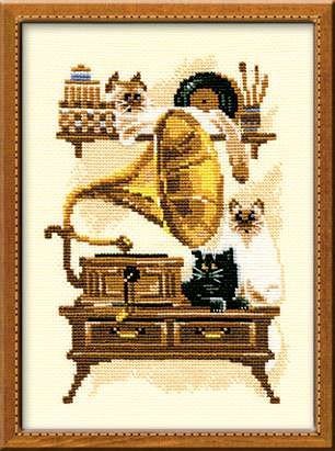 Cat with Gramaphone - Cross Stitch Kit from RIOLIS Ref. no.:859 - Hobby.lt 🇬🇧