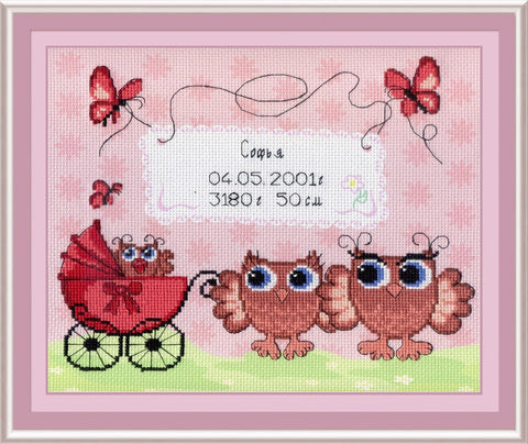 Cross Stitch Kit Birth Sampler Owlets SRK - 317 - Hobby.lt 🇬🇧