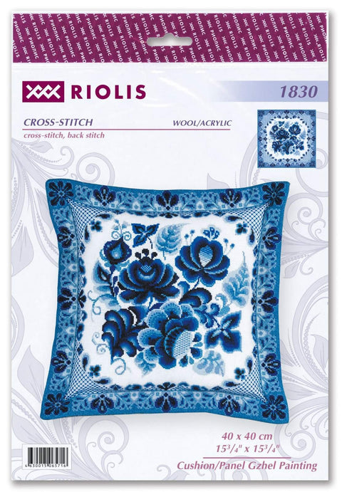 Cushion/Panel Gzhel Painting cross stitch kit by RIOLIS Ref. no.: 1830 - Hobby.lt 🇬🇧