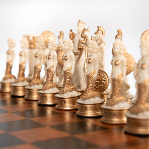GREEK MYTHOLOGY: Handpainted Chess Set with Beautiful Leatherette Chessboard
