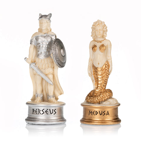 GREEK MYTHOLOGY: Handpainted Chess Set with Beautiful Leatherette Chessboard