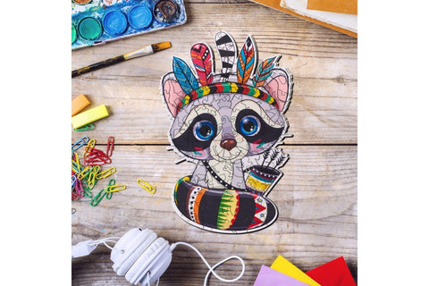Little indian racoon - unique WOODEN puzzle 92 pcs