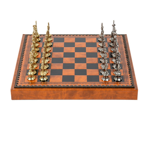 NAPOLEON CHESS: Metal Chess Pieces with Brown/Black Leatherette Chessboard
