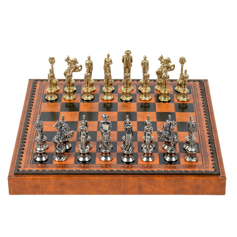 NAPOLEON CHESS: Metal Chess Pieces with Brown/Black Leatherette Chessboard
