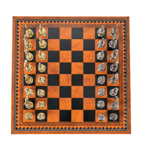 NAPOLEON CHESS: Metal Chess Pieces with Brown/Black Leatherette Chessboard