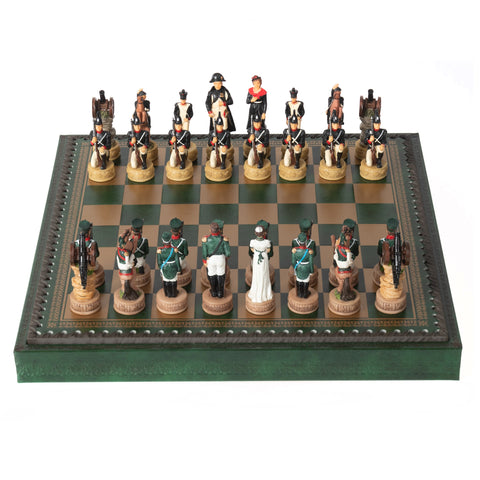 NAPOLEON IN RUSSIA: Handpainted Chess Set with Chessboard & Box Plus Checker Set