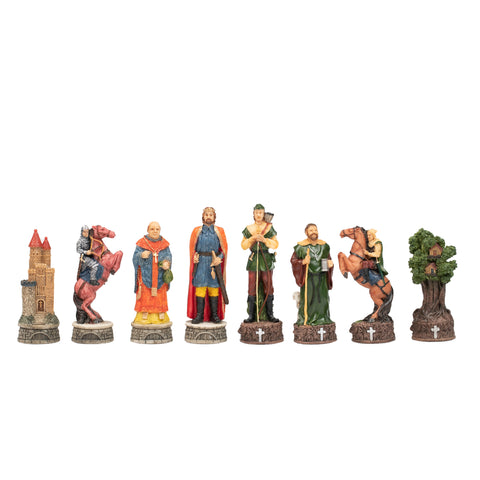 ROBIN HOOD: Handpainted Chess with Leatherette Chessboard & Box + Checker Set