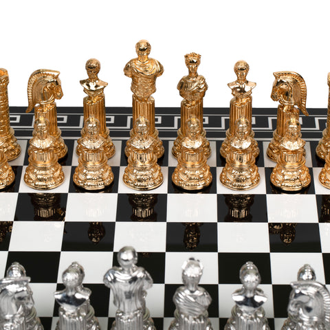 Roman Imperator Bust: Gold Plated Chess Men with black Greek Wooden Gameboard