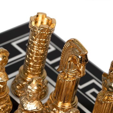 Roman Imperator Bust: Gold Plated Chess Men with black Greek Wooden Gameboard