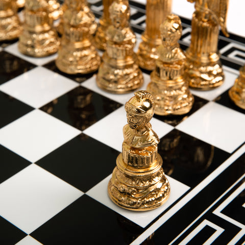 Roman Imperator Bust: Gold Plated Chess Men with black Greek Wooden Gameboard