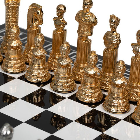 Roman Imperator Bust: Gold Plated Chess Men with black Greek Wooden Gameboard