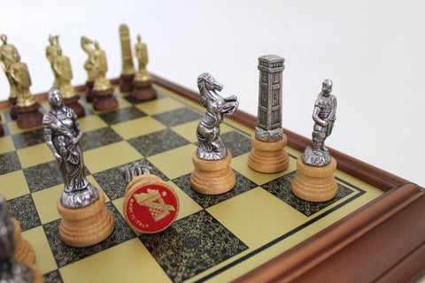 ROMANS vs BARBARIANS: Metal Chess Pieces with Wooden Brass Effect Chessboard
