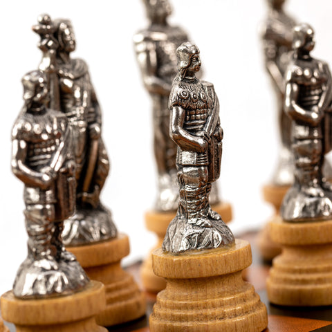 ROMANS vs BARBARIANS: Metal & Wood Chess Pieces with Leatherette Chessboard/Box