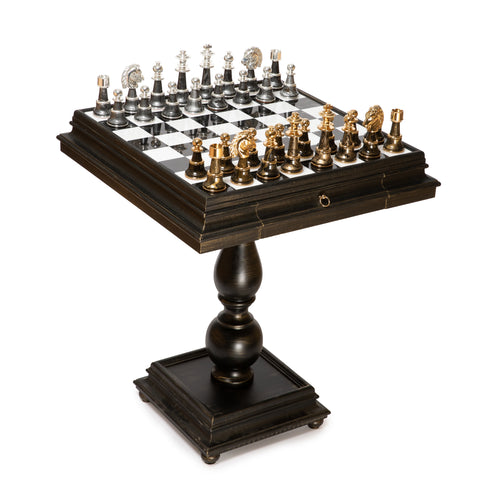 Solid Wood Chess Table with Beautiful Alabaster Top and Gold/Silver Chess Pieces