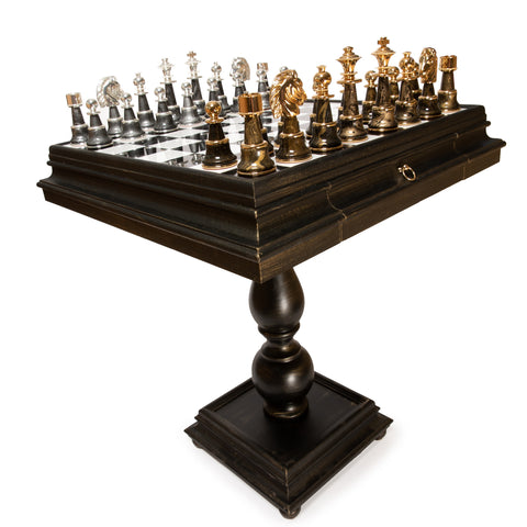 Solid Wood Chess Table with Beautiful Alabaster Top and Gold/Silver Chess Pieces