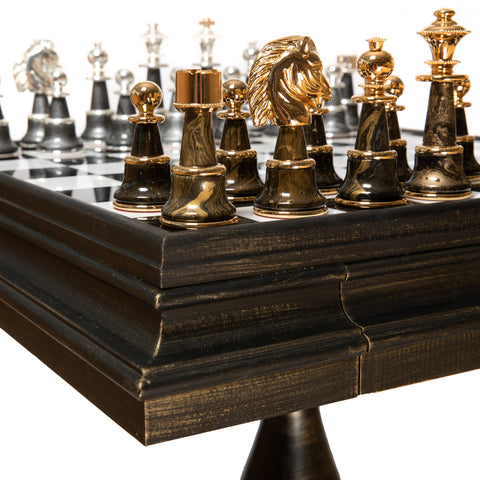 Solid Wood Chess Table with Beautiful Alabaster Top and Gold/Silver Chess Pieces