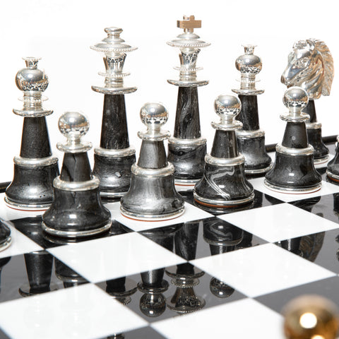 Solid Wood Chess Table with Beautiful Alabaster Top and Gold/Silver Chess Pieces