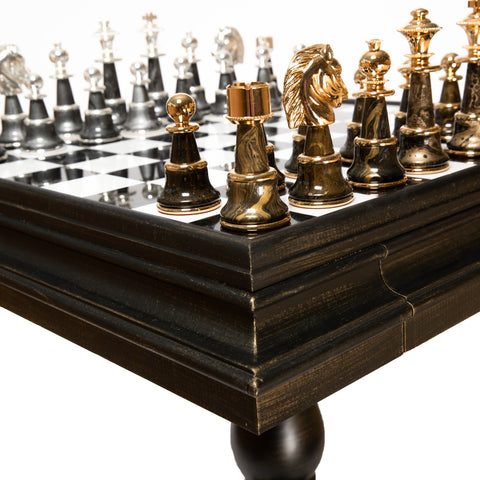 Solid Wood Chess Table with Beautiful Alabaster Top and Gold/Silver Chess Pieces