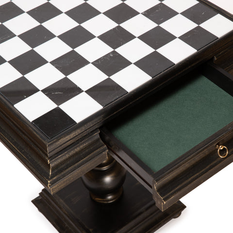 Solid Wood Chess Table with Beautiful Alabaster Top and Gold/Silver Chess Pieces