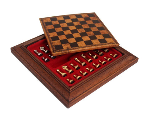 Gold & Silver Plated Metal Chess Set, Leather Board with Drawer, Made in Italy