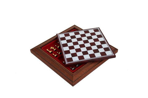 Gold & Silver Plated Metal Chess Set, 17cm Leather Board with Drawer, Italy