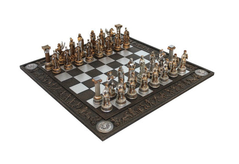 Greeks vs Romans Hand-Painted Resin Chess Set with Unique Board, Made in Italy