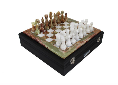 Handmade Onyx & White Marble Chess Set with Leather Case, Made in Italy