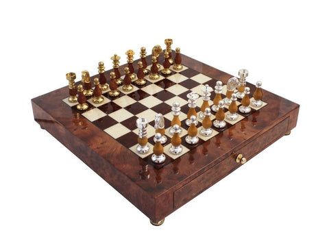Luxury Italian Handmade Brass & Wood Chess Set, Elm Board Drawer