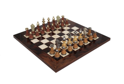 Handmade Brass & Wood Chess Set, Glossy Walnut Board, Italian 42cm Classic