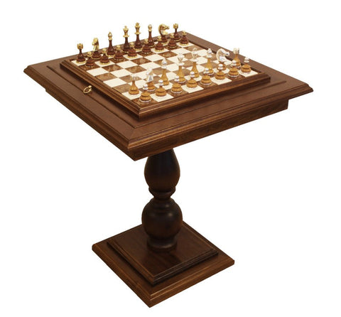 Marble Chess Table Set, Handmade Metal/Wood Pieces, Gold & Silver, Italy