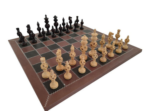 Hand-Carved Ebony Style Chess Set with Real Leather Board, Made in Italy
